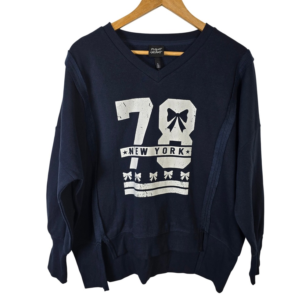 Planet Heart Womens‎ V Neck Sweatshirt Navy Blue 78 New York Relaxed Size S